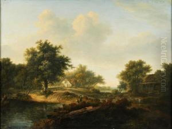 Two Fishermen By A Country Pool, A Cottage And Barns Beyond Oil Painting by John Inigo Richards