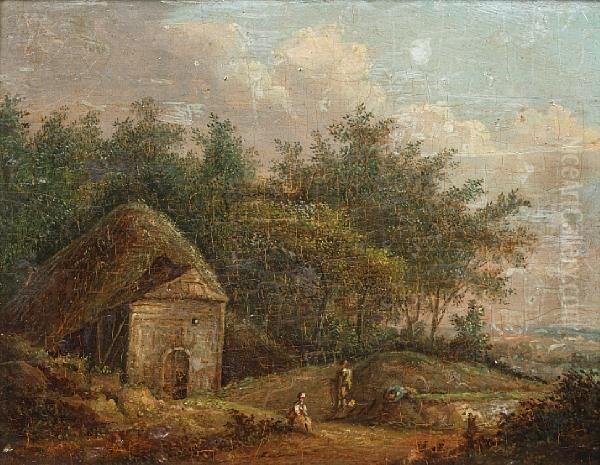 Figures By A Cottage In A Wooded Landscape;and Companion Oil Painting by John Inigo Richards