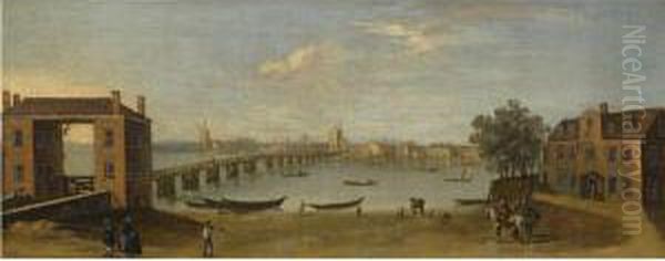 View Of The Thames At Putney Bridge, From The Fulham Bank, With The Swan Inn Oil Painting by John Inigo Richards