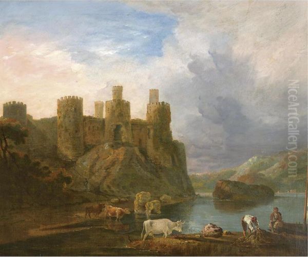 Figures And Cattle Before Conway Castle Oil Painting by John Inigo Richards