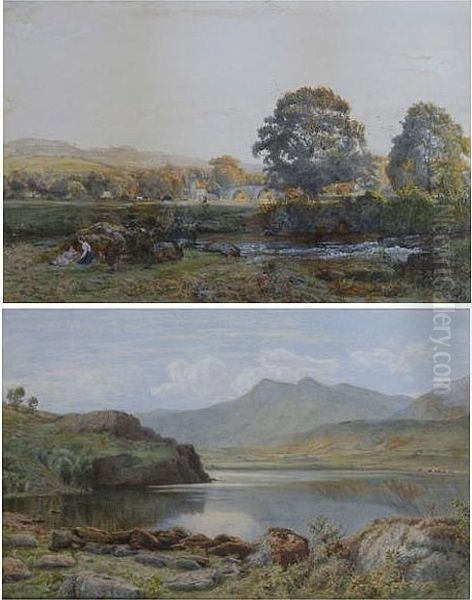 Landscape With Cattle Grazing And Figures By A Stream, Together With Another Of A Lakeside Landscape, A Pair Oil Painting by Richard Peter Richards