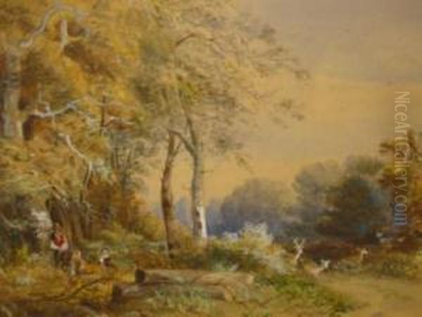 Figures And Deer In A Forest Glade Oil Painting by Richard Peter Richards