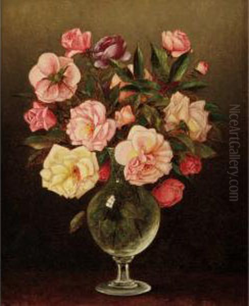 Still Life Of Roses In A Glass Vase Oil Painting by Thomas Addison Richards