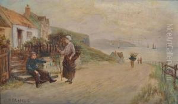 Fisherfolk On A Coastal Road Oil Painting by W.A. Richards