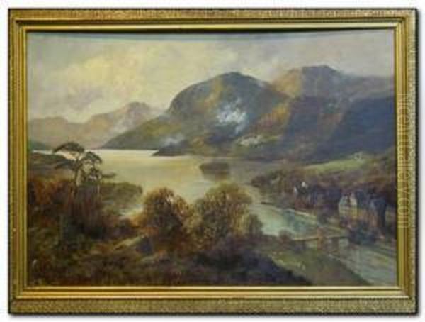 A Scottish Loch With Bridge And Manor House Oil Painting by W.A. Richards