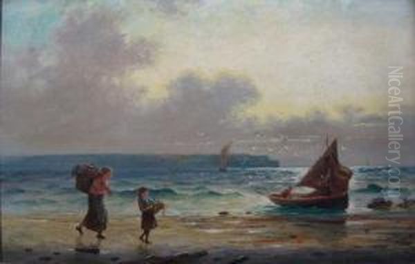 A Calm Sea With Two Fishermen In A Boat, The Harbour Wall And Sailing Vessels Beyond Oil Painting by W.A. Richards