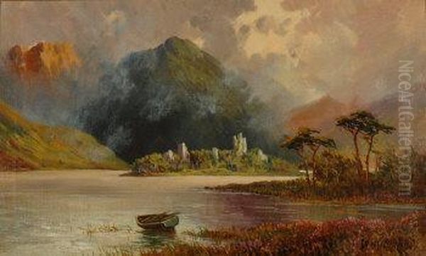 Loch And Highland Landscapewith Rowing Boat At The Water's Edge Oil Painting by W.A. Richards