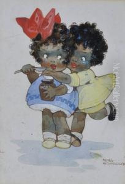 Caricature Portrait Of 2 Children Oil Painting by Agnes Richardson