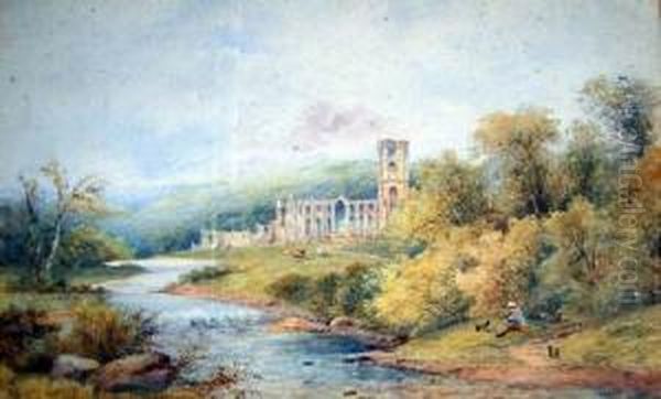 Fountains Abbey Signed 11 X 18in Oil Painting by Charles Richardson