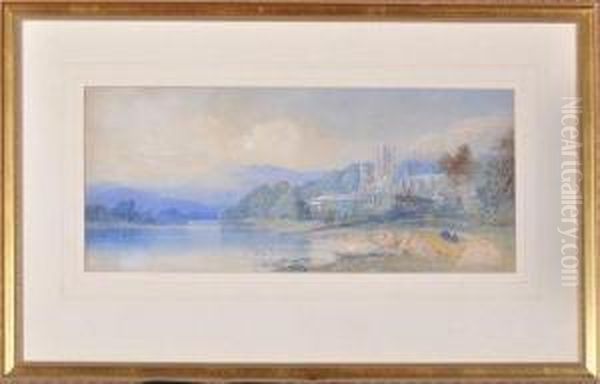 A Ruined Abbey By A River: Probably Tintern Oil Painting by Edward M. Richardson