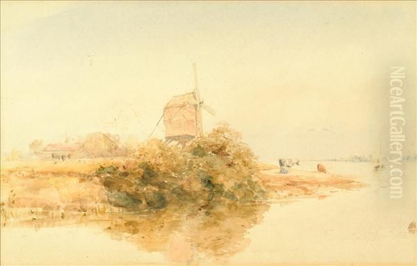 Windmillin A River Landscape Oil Painting by Henry Burdon Richardson