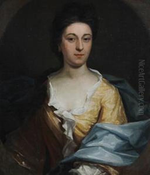 Portrait Of A Lady Wearing A Yellow Dress And Blue Shawl Oil Painting by Richardson. Jonathan