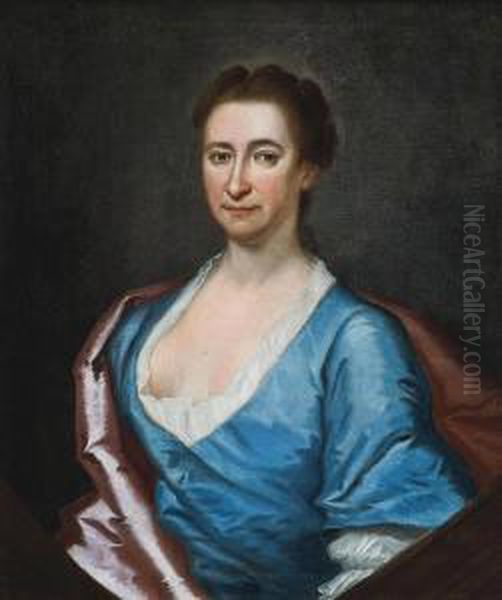 Portrait Of A Lady, Half-length, In A Blue Dress And Pink Wrap Oil Painting by Richardson. Jonathan