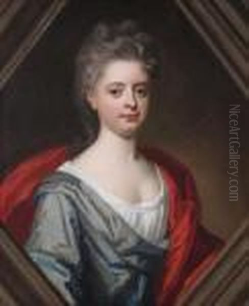 Portrait Of A Lady, Half Length Wearing A Green Dress And A Red Robe Oil Painting by Richardson. Jonathan