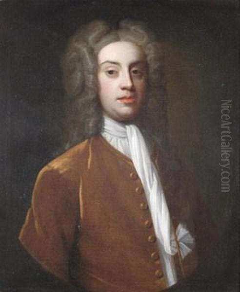 Portrait Of A Gentleman, Half Length Wearing A Full Bottomed Wig And A Brown Jacket Oil Painting by Richardson. Jonathan