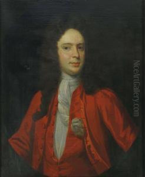 Portrait Of A Gentleman, Half-length, In A Red Coat And A White Cravat Oil Painting by Richardson. Jonathan