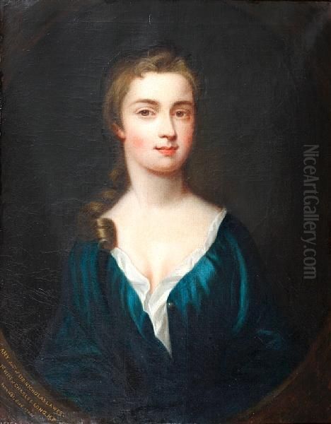 Portrait Of A Young Lady, Reputed To Be Amylawes, Bust Length, Wearing Blue Dress Oil Painting by Jonathan Ii Richardson