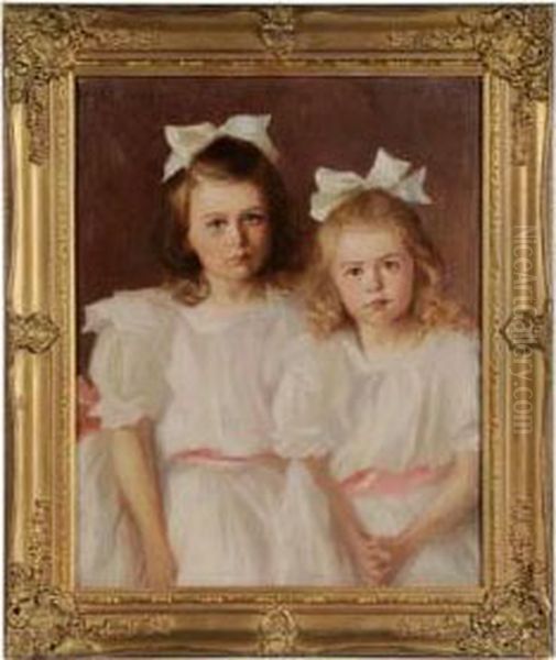 Double Portrait Of Two Young Sisters Oil Painting by Mary Neal Richardson