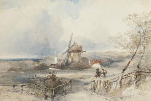 Travellers Before A Windmill Oil Painting by Thomas Miles Richardson