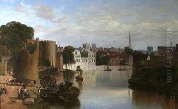 View Of The Ruins Of The Water Tower, Theriver Frontage Of The Guildhall And The Lantern Tower Of The Churchof St. Helens, From The River Ouse, York Oil Painting by William Richardson