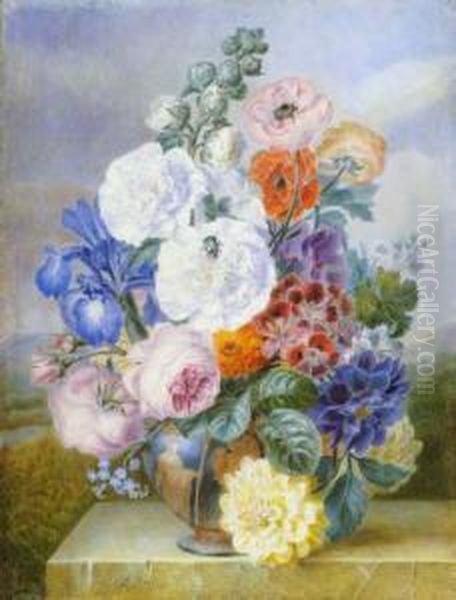 Nature Morte Au Vase De Fleurs Sur Un Entablement De Marbre Oil Painting by Adele Riche