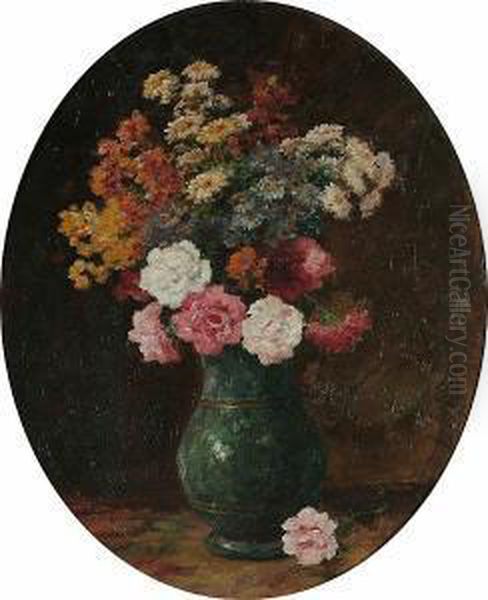 Still Life Of Flowers In A Green Vase Oil Painting by Eugene Richet