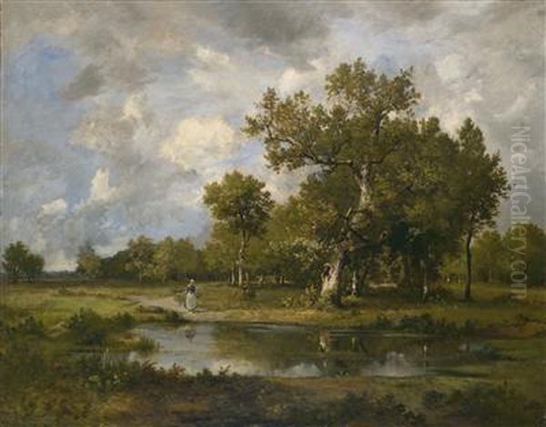 Landscape With Stream And Walker Oil Painting by Leon Richet