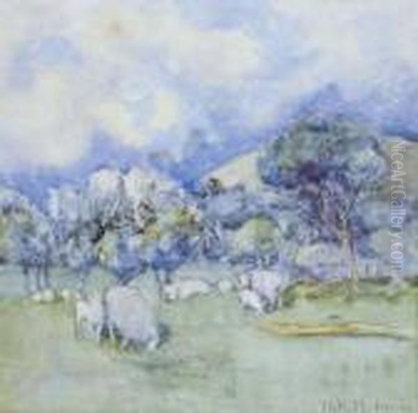 Untitled - Pastoral Scene With Grazing Sheep Oil Painting by Dorothy Kate Richmond