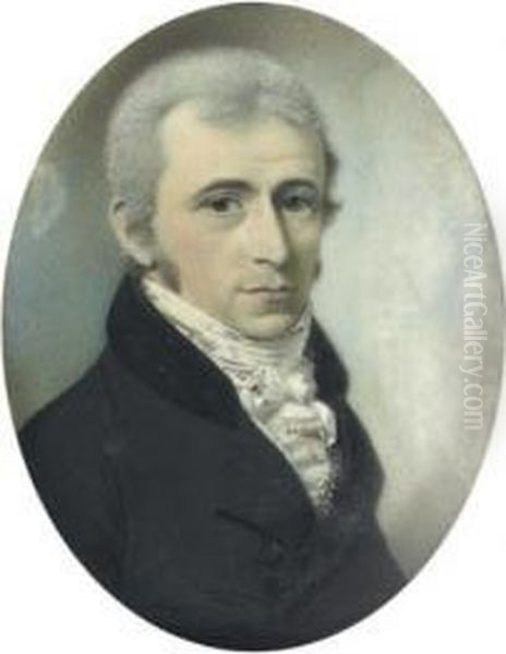 A Gentleman, In Black Coat With Velvet Collar And Frilled Cravat, Powdered Hair Oil Painting by Thomas Richmond