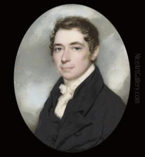 A Young Gentleman, In Black Coat And Waistcoat, Frilled White Cravat, Dark Curly Hair Oil Painting by Thomas Richmond