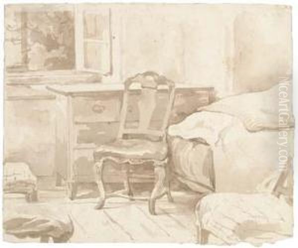 An Interior With A Chair By A Chest Of Drawers (recto); A Shepherdwith His Flock (verso) Oil Painting by August Richter