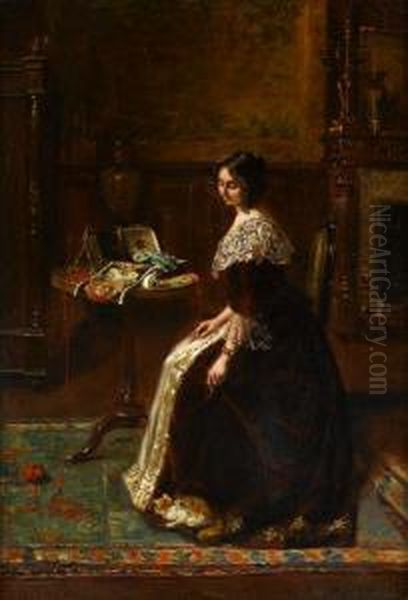 Lady In Interior Oil Painting by Edouard Frederic Wilhelm Richter