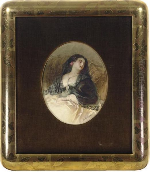 A Sleeping Beauty With A Black Shawl Oil Painting by Gustav Karl Richter