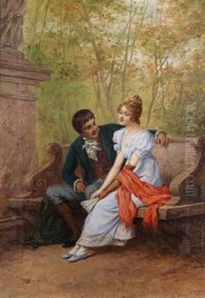 Young Couple Seated On A Park Bench Oil Painting by Helene Richter