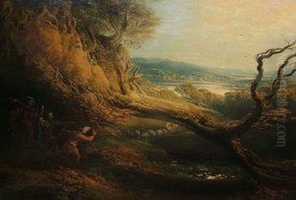 Brigands Lying In Way For A Stagecoach In Awooded Mountain Landscape; Oil On Canvas, Bears Signature, Bearsfrost & Reed Ltd Label Attached To The Reverse Of The Frame,94x124cm Oil Painting by Henry James Richter