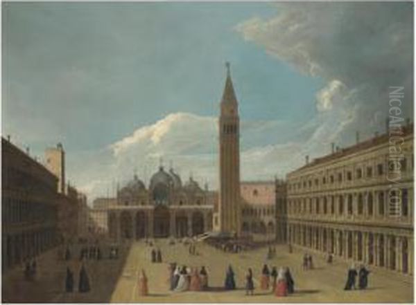 Venice, A View Of The Piazza San Marco, With Figures Gathered Roundan Artist Painting A Portrait On A Stage Oil Painting by Johann Richter