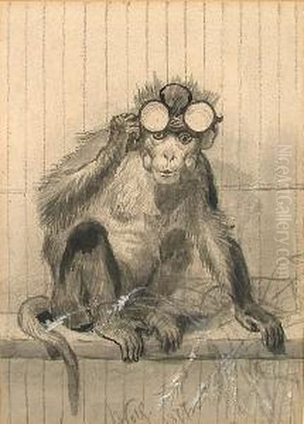 A Monkey Wearing Pinc-nez Glasses Oil Painting by Josef Wolft Richter