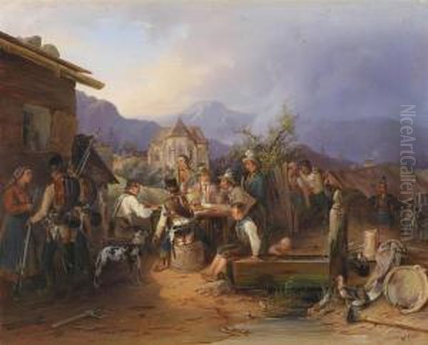 Hungarian Infantry Restingin A Styrian Village Oil Painting by Wilhelm Richter