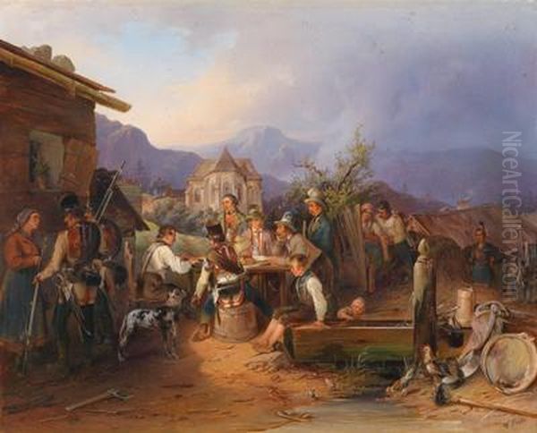 Rastende Ungarischeinfanteristen In Einem Steirischen Dorf Oil Painting by Wilhelm Richter