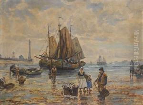 Hollandische Fischerbeim Entladen Ihrer Boote Am Strand Oil Painting by F.M. Richter-Reich