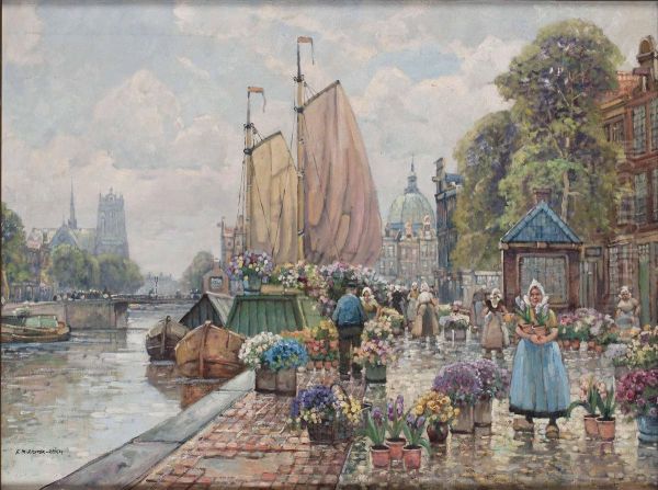 Hollandischer Blumenmarkt Oil Painting by F.M. Richter-Reich