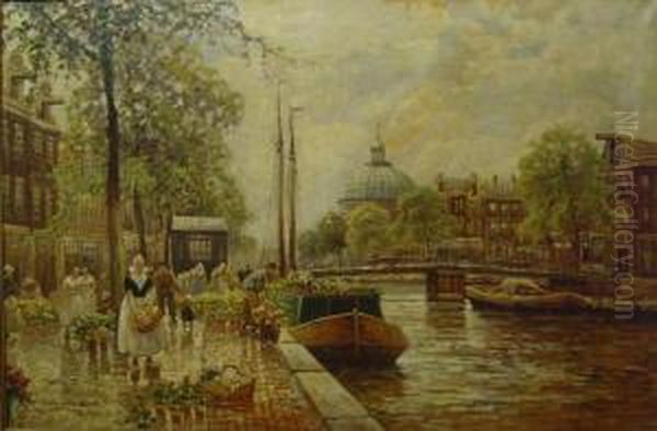 :'blumenmarkt In Amsterdam' Oil Painting by F.M. Richter-Reich