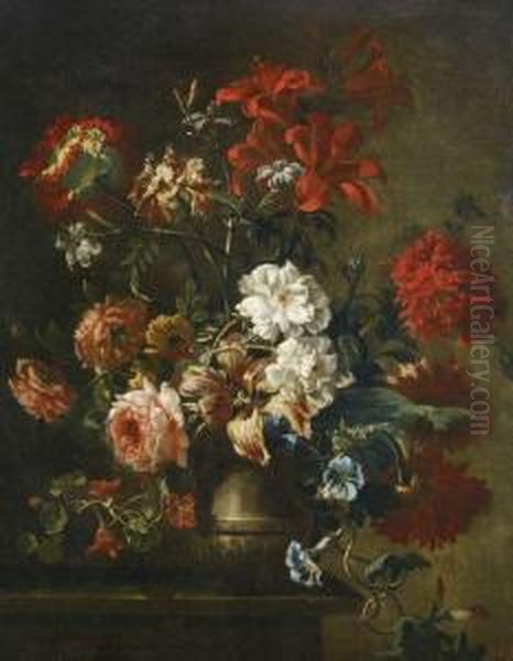 Pavots, Lis, Roses Blanches Et Mousseuses, Branches De Capucines Et Liserons Dans Un Vase En Pierre Sur Un Entablement Oil Painting by Nicolas Ricoeur