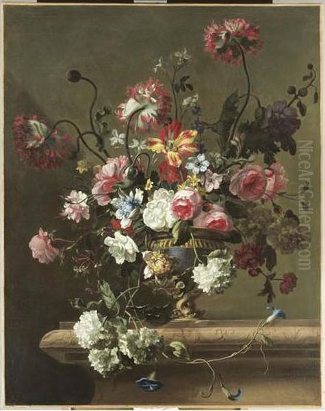 Vase De Fleurs Sur Un Entablement De Marbre Oil Painting by Nicolas Ricoeur