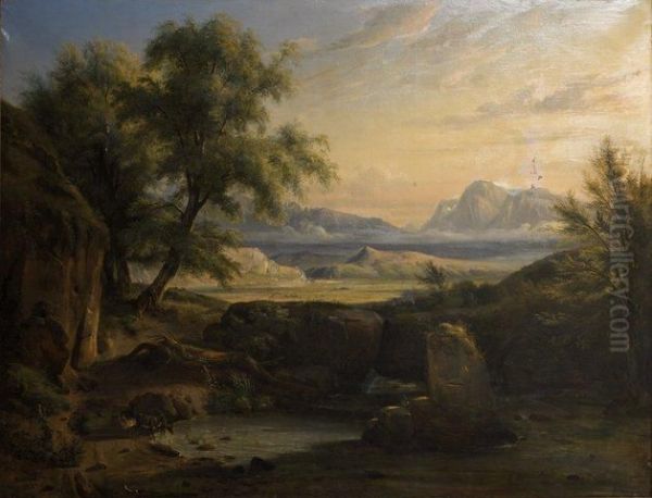 Paysage Avec Troupeau S'abreuvant Oil Painting by Francois Edme Ricois