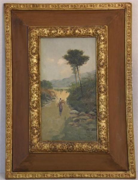 Continental Landscape With A Figure On A Country Lane Oil Painting by Francois Edme Ricois