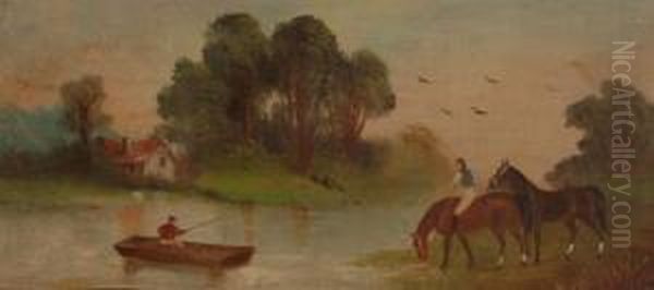 Jockey And Horses On A Riverbank Oil Painting by Philip H. Rideout