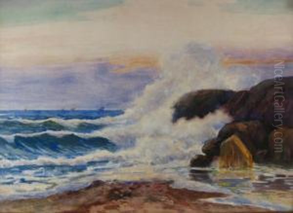 Waves Crashing On Rocks At Shore Oil Painting by Henry Orne Rider