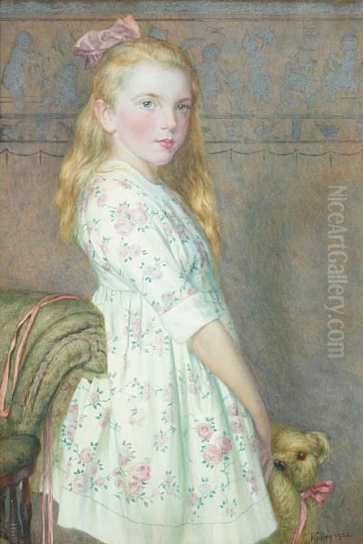 Portrait Of A Young Girl Standing In A Rose Printed Dress And Holding A Teddy Bear Oil Painting by Edward Ridley