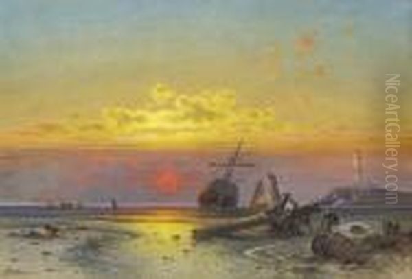 Beached Vessels At Dusk Oil Painting by Emil Rieck